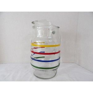 Retro Pitcher Anchor Hocking Fiesta  Glass Ice Lip Primary Colors Stripe 72 Oz
